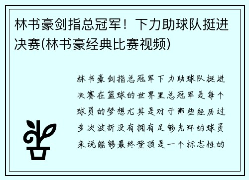 林书豪剑指总冠军！下力助球队挺进决赛(林书豪经典比赛视频)