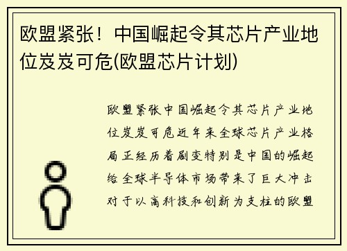 欧盟紧张！中国崛起令其芯片产业地位岌岌可危(欧盟芯片计划)