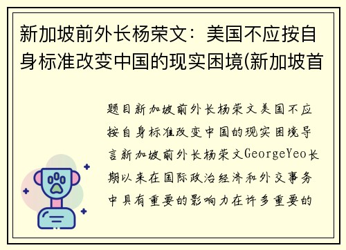 新加坡前外长杨荣文：美国不应按自身标准改变中国的现实困境(新加坡首富杨振兆)