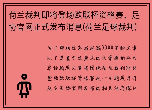 荷兰裁判即将登场欧联杯资格赛，足协官网正式发布消息(荷兰足球裁判)